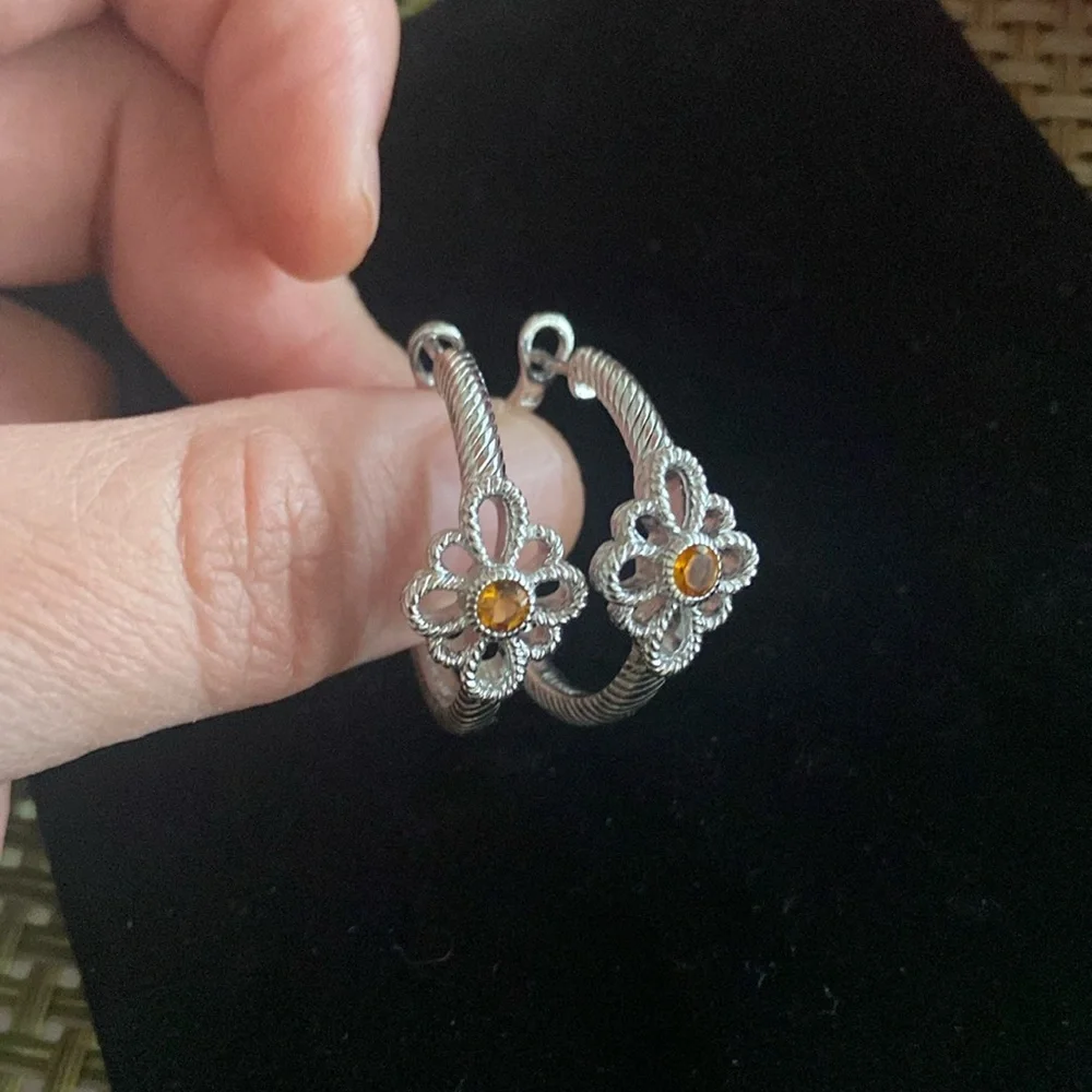 Judith Ripka sterling silver and orange stone floral hoop earrings